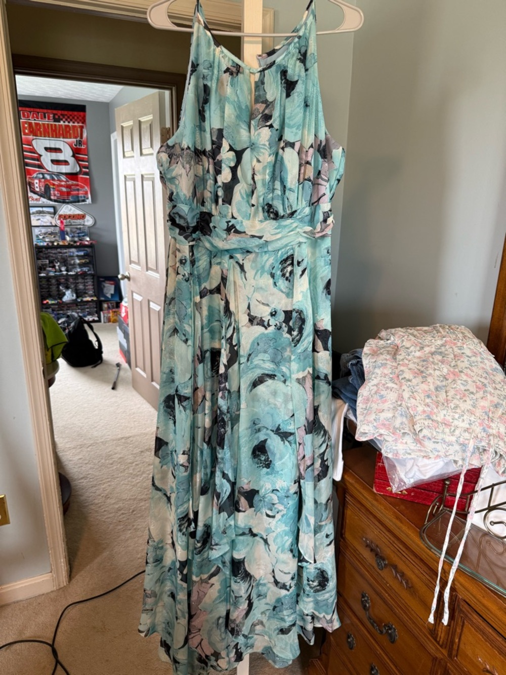 R&M Richards Mint Floral Chiffon Maxi Dress